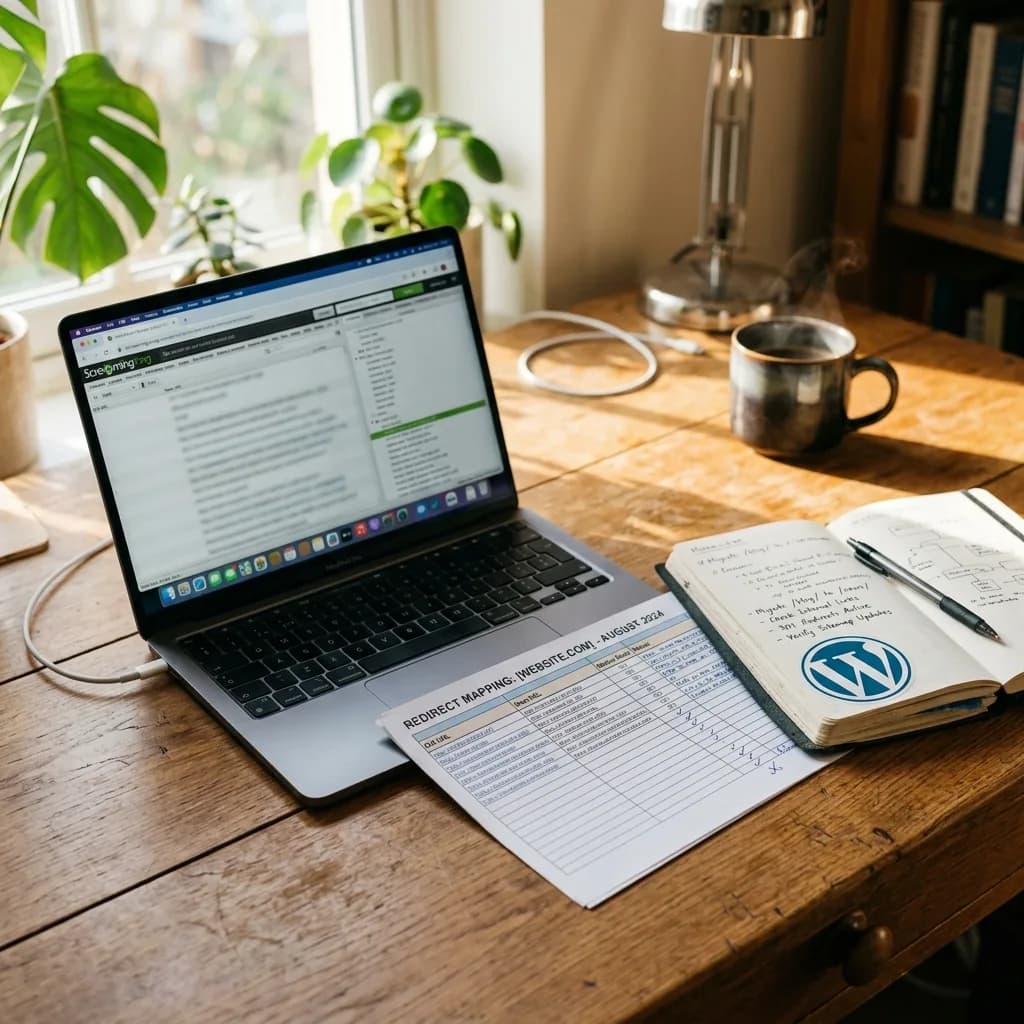 Website migration planning on laptop with content checklist