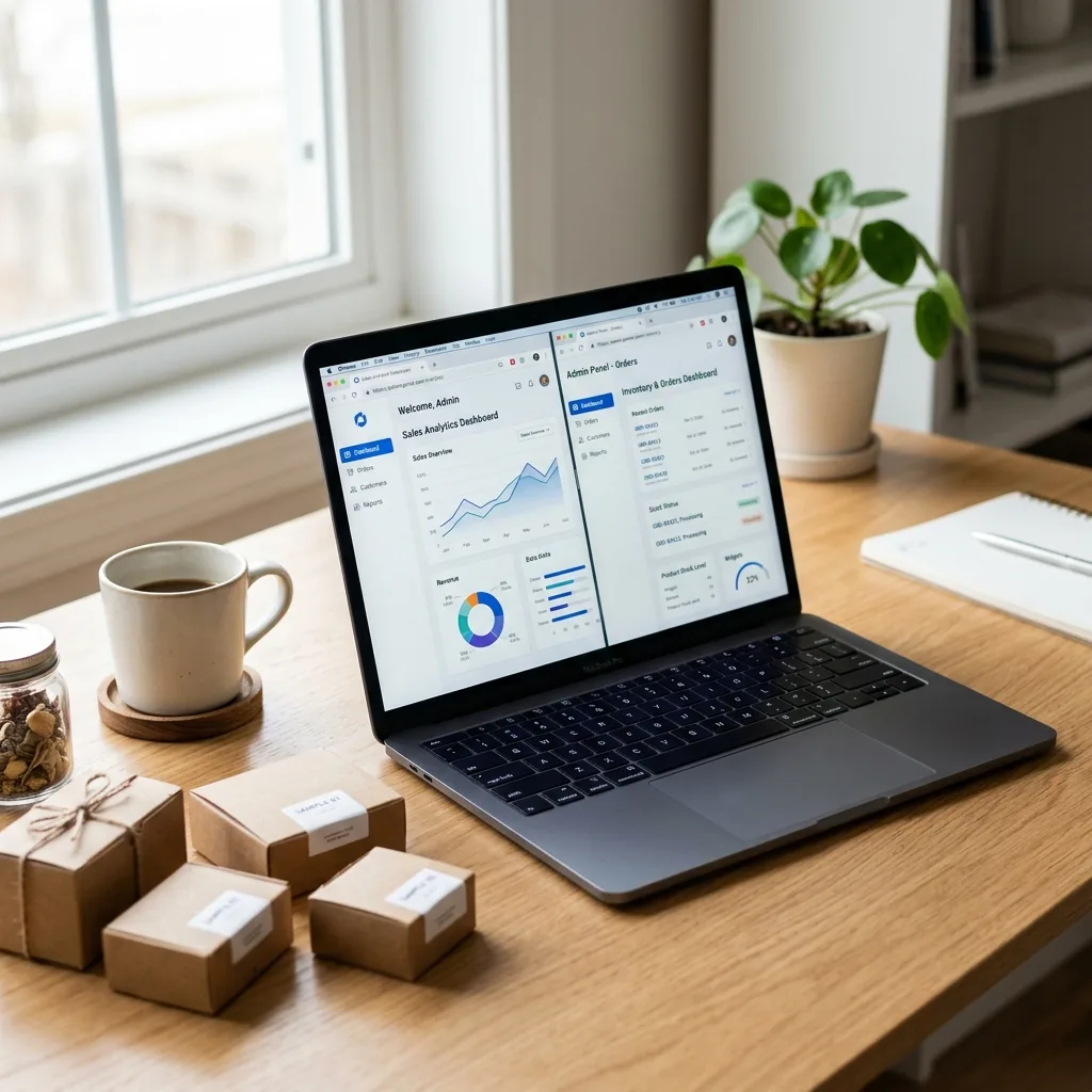 Ecommerce platform comparison on laptop screen in a modern office