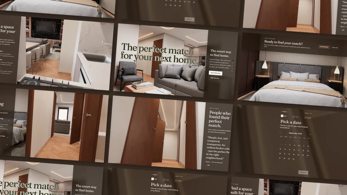 HomeIn landing page hero showing modern living room and start tour actions