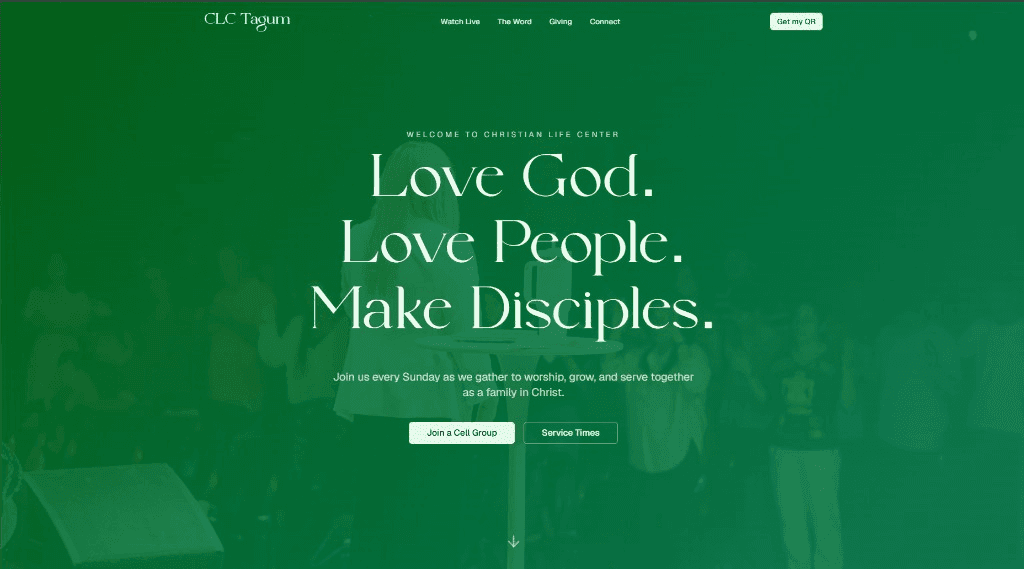 CLC Tagum homepage hero with congregation worship