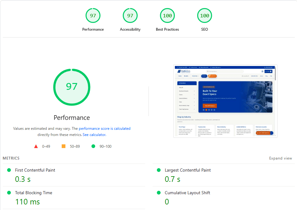 DeBrovys desktop PageSpeed score after redesign
