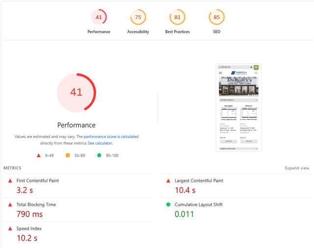 DeBrovys mobile Lighthouse score before redesign