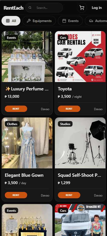 RentEach mobile marketplace explore page