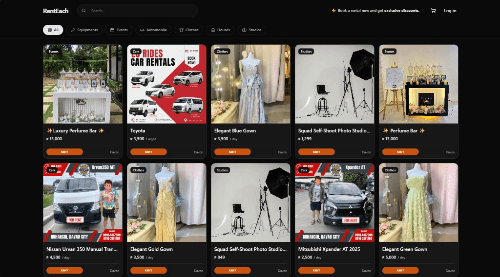 RentEach marketplace explore page with rental listings