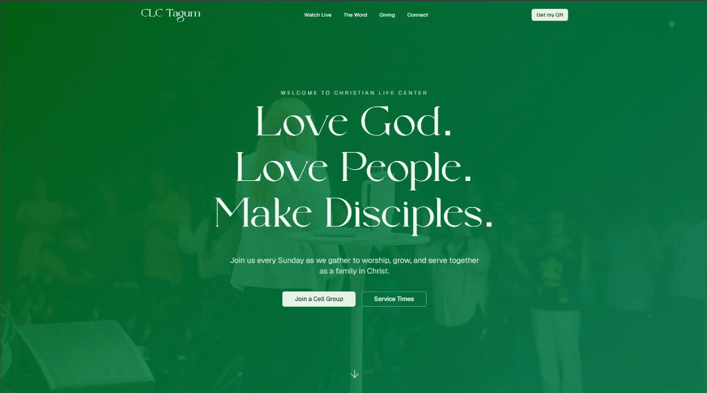 CLC Tagum homepage hero with congregation worship